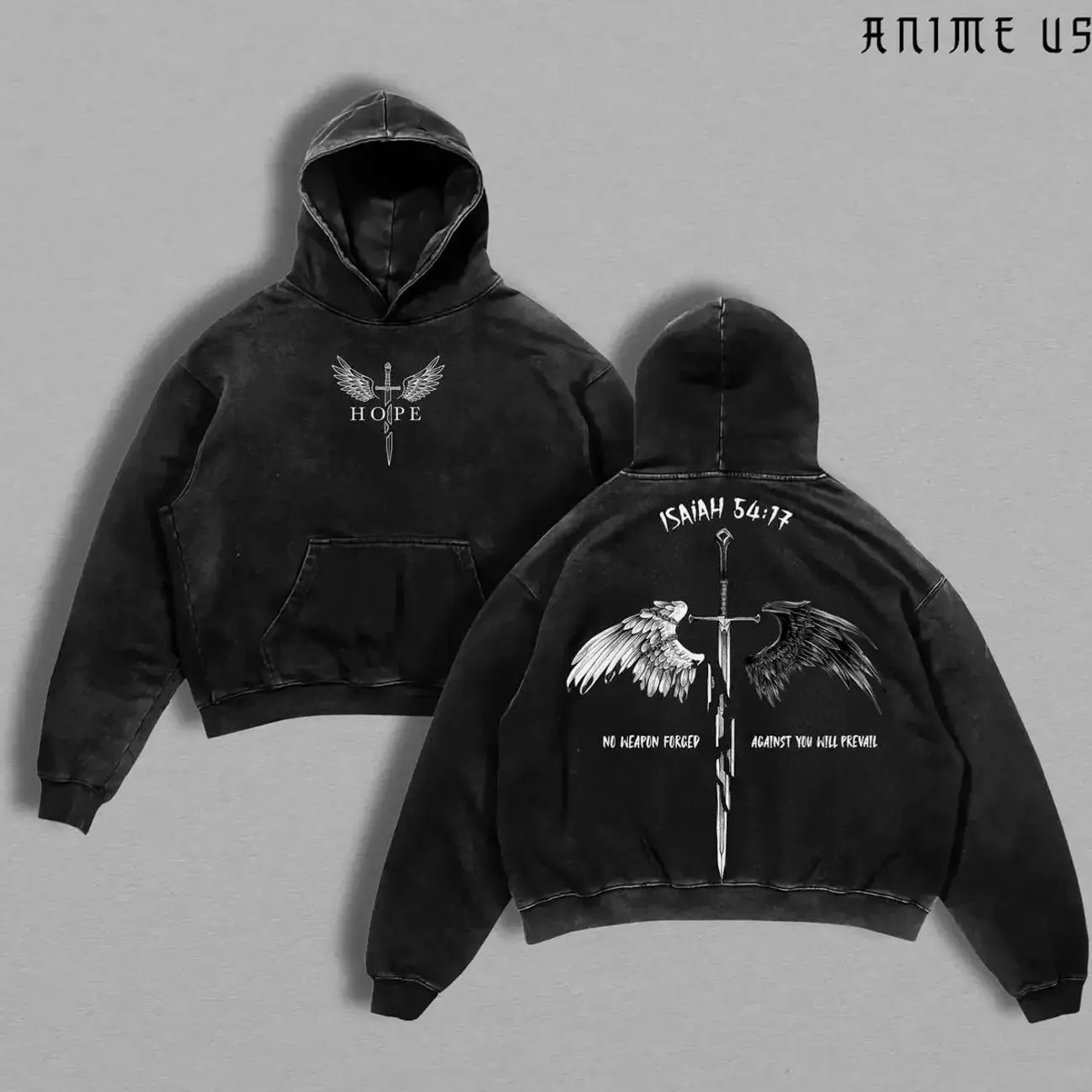 Isaiah 54:17 Bible Verse Hoodie Washed, No Weapon Formed Christian Hoodie, Sword and Angel Wings Faith Streetwear Graphic Pullover, HOPE Jesus Apparel Church Outfit W65 P4E