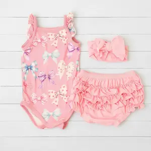 Bestaroo Twinkle Ties Ruffle Bloomer Set – Baby Girl Summer Outfit, 3-Piece Onesie, Ruffle Bloomers & Headband, Soft Stretchy Bamboo, Newborn-Toddler
