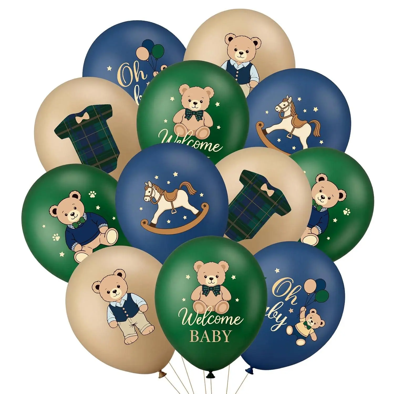 24 Pcs Green And Blue Tartan Plaid Decorations Bear Baby Shower Balloons 12 Inch Vintage We Can Bearly Wait Latex Balloons For Bear Theme Birthday Party Decorations, 6 Designs