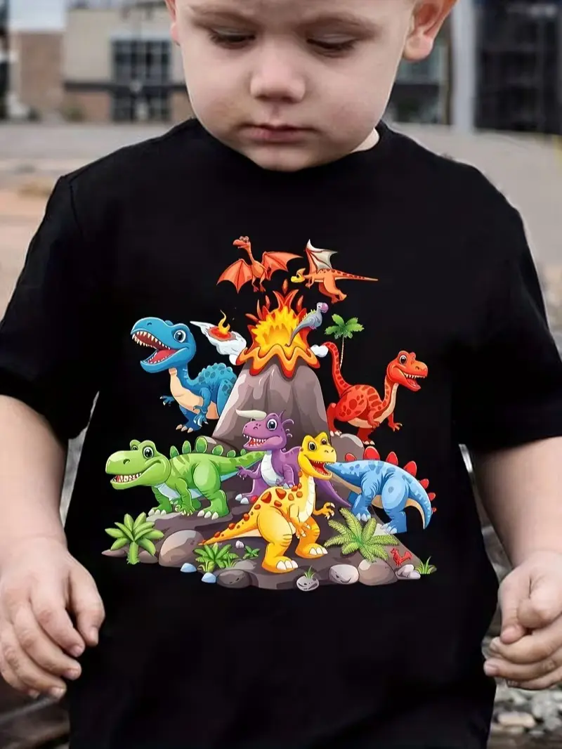 Boys' Minimalist Cartoon Dinosaur T-Shirt in Pure Cotton, Regular Fit with Medium Stretch for All Season Outdoor Play, Cartoon Style, Breathable, Short Sleeve
