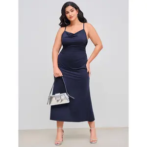 Cider [3 colors, size 0-24] Cowl Neck Solid Ruched Backless Maxi Dress Curve & Plus