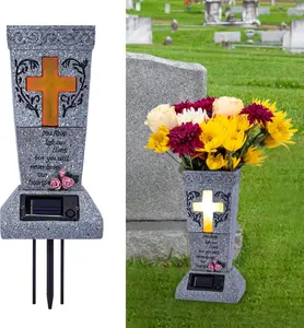 Solar Cemetery Grave Vase with LED for Fresh/Artificial  Headstones Vases with Spikes Gravestone Decor Memorial Gifts for Loss of Loved One