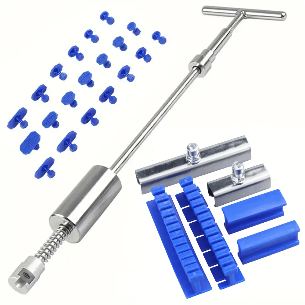 Automotive dent repair tool kit, including professional level dent repair tools such as T-shaped puller, suction cup, and slide hammer, suitable for dent repair tool kit of automotive body, motorcycle, and refrigerator