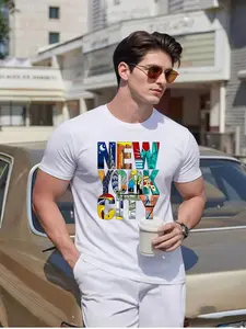 Urban Style New York City Graffiti Print Round Neck Short Sleeve T-Shirt, Unisex Casual Loose-Fit Top for All Seasons