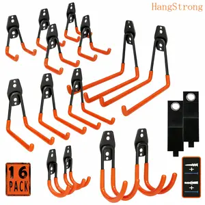16PCS Heavy Duty Wall-Mounted Garage Storage Hooks Set with Hardware & Straps Multi-Shape Organizer for Tools Bikes Ladders Garden Equipment in Garage Shed Workshop