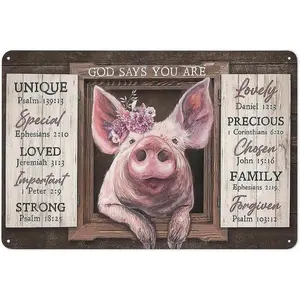 Retro Metal Tin Sign Pink Pig Wall Art Cute Funny Piggy Pictures God Says You are Painting Rustic Country Wall Art Home Courtyard Wall Decor 8x12 Inch