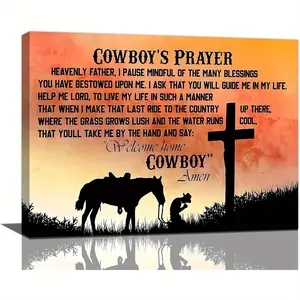 2D flat decorative painting, 1 vintage cowboy canvas art painting, western cowboy praying cross theme, framed wall decoration with horse and cowboy motifs, suitable for bedroom, living room, office, and bathroom, rustic-style artwork, home decoration item