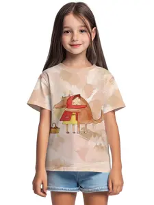 Hugging Wolf and Little Red Riding Hood Digital Printing Summer Fashion Girls' Clothing, 100% Polyester Designed for Energetic Children, Cute Girls' Short-Sleeve T-Shirts, Summer Casual Children's Clothing, Outdoor Sports T-Shirts