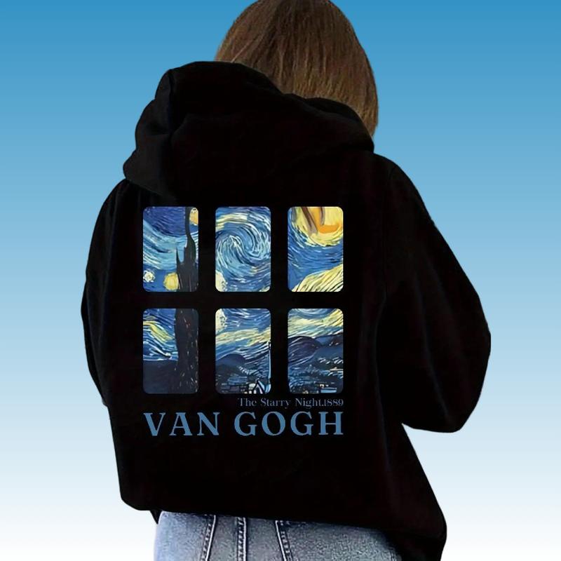 Trendy Women's & Unisex Loose Hoodie Starry Night Vortex Print Black with Blue & Yellow Art Style Cozy Autumn Winter Streetwear TikTok Fashion Essentials Casual Everyday Fabric Long Sleeve Pullover Sweatshirts Tops White Womenswear