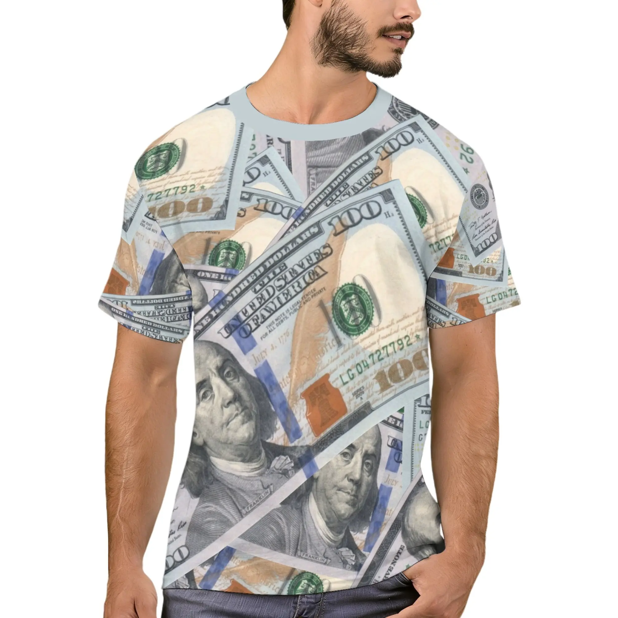 Men's New Dollar 3D Printed Summer Suit, Men's Short Sleeve T-Shirt, Casual Fitted Long Top, All Seasons, No Zipper, Without Collar