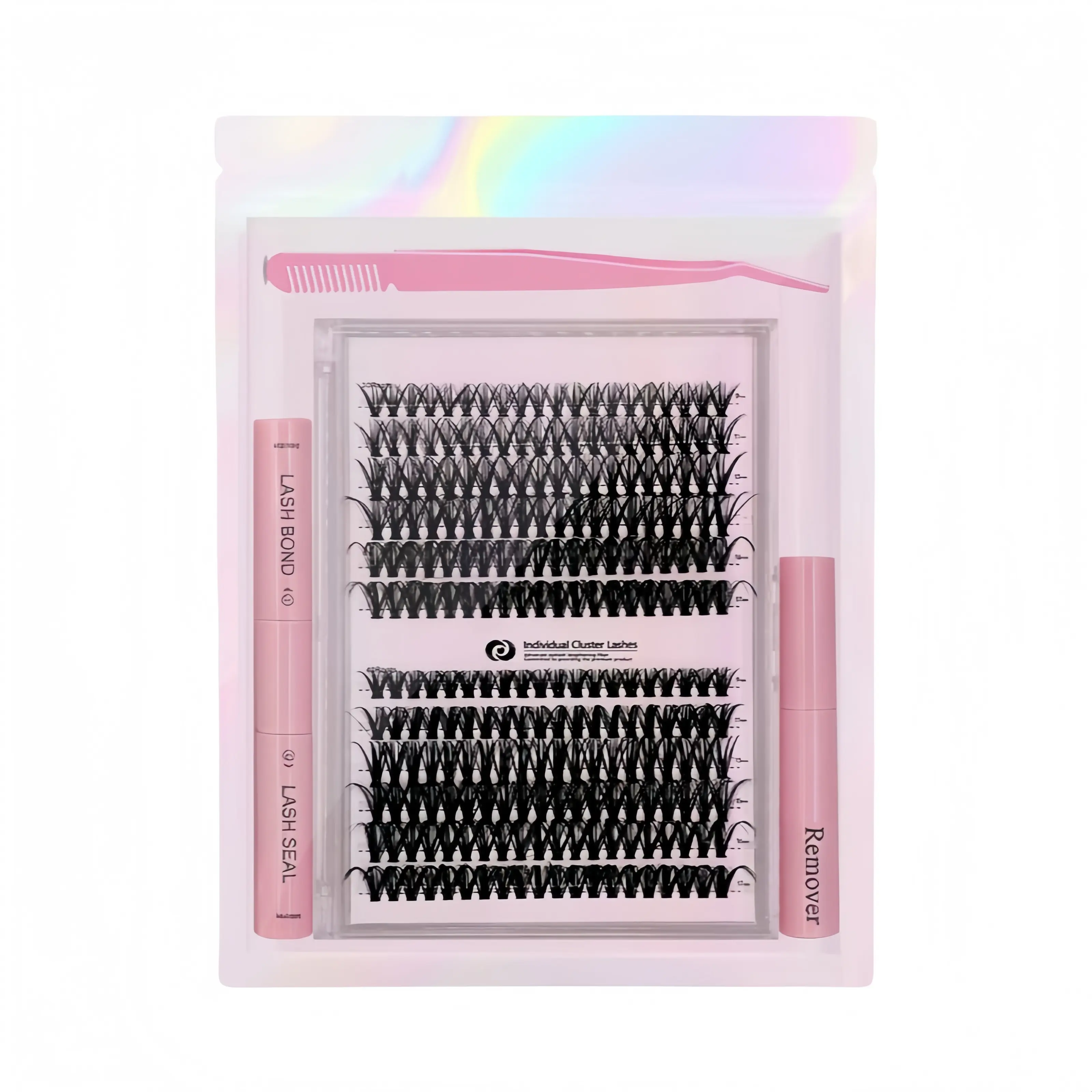TikTok recommended mixed-length personalized false eyelash extension kit, including adhesive, sealant, remover, tweezers, and an eyelash curler for a natural lash look; professional eye makeup accessories designed specifically for women.