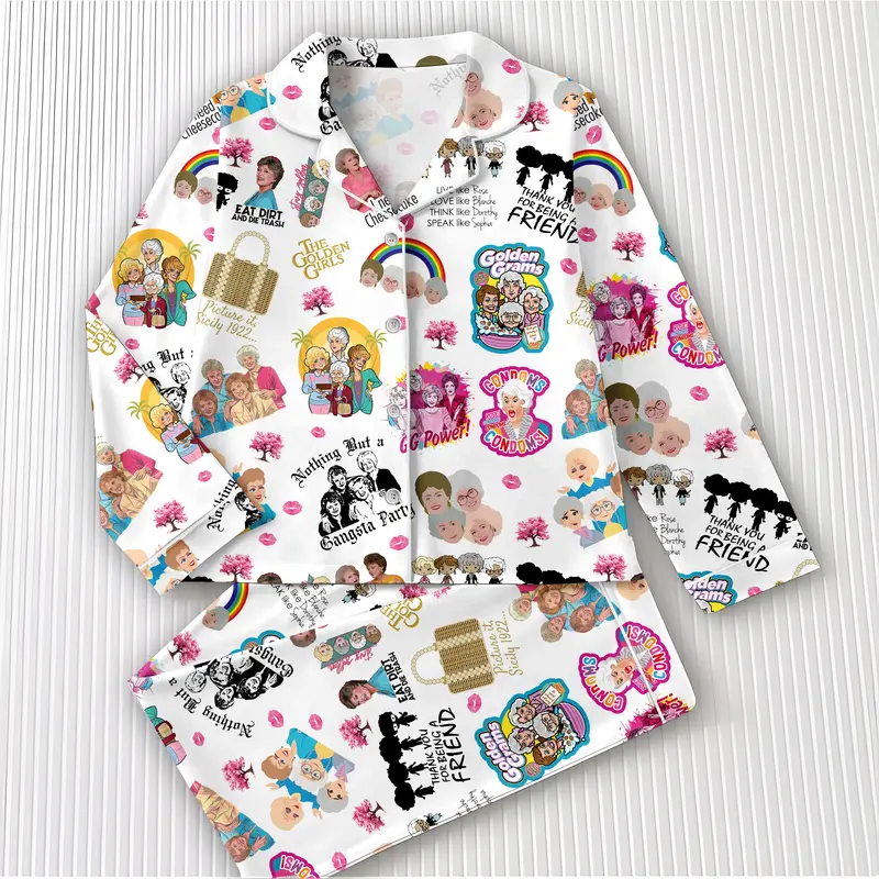 Women's 2-Piece Retro Friendship TV-Inspired Graphic Print Polyester Pajama Set - Long Sleeve Top, Elastic, Pockets, Lightweight, Adjustable Drawstring, Short/Long Check-Detailing Pants Sleepwear