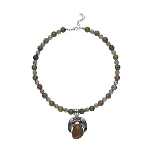 Silvertone Gemstone Beaded Flower Pendant Beaded Necklace Unique Costume Promise Stylish Fashion Women Size 18-20" Birthday Christmas Gifts