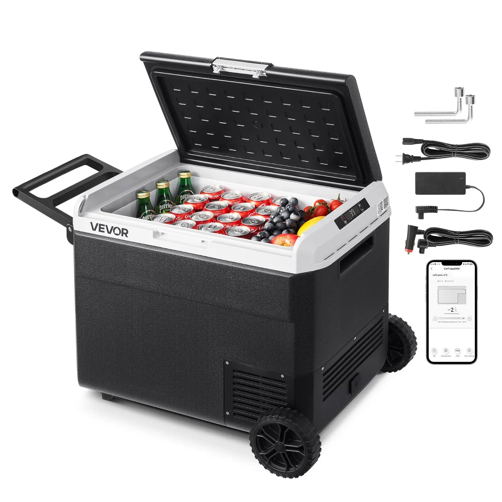 【Summerfinds】VEVOR 12 Volt Car Refrigerator, 63.4QT/60L Car Fridge, Portable Electric Cooler with Wheels and Handle, -4 ℉ ~68 ℉ , 12/24V DC and 100- 240V AC Compressor Freezer for Outdoor, Camping, Travel, RV, Pull Handle