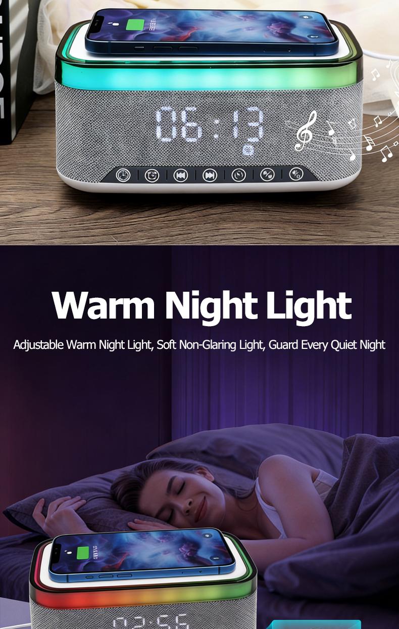 Wireless Speaker, 10W Bluetooth Speaker with 15W Wireless Charging, 13-Color Night Light, Alarm, White Noise, FM Radio, Portable, Stereo, TWS, BT5.3, for Home, Office & Bedroom (White)