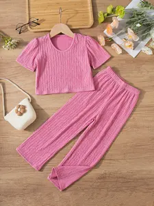 Girls' 2-Piece Casual Set, Striped Sets, Summer Wave Stripe Short Sleeve T-Shirt & Nine-Point Wide Leg Pants Outfit for Toddlers, Soft & Comfortable, Stylish & Versatile, Ideal for Holiday Travel, Parties & Gifting