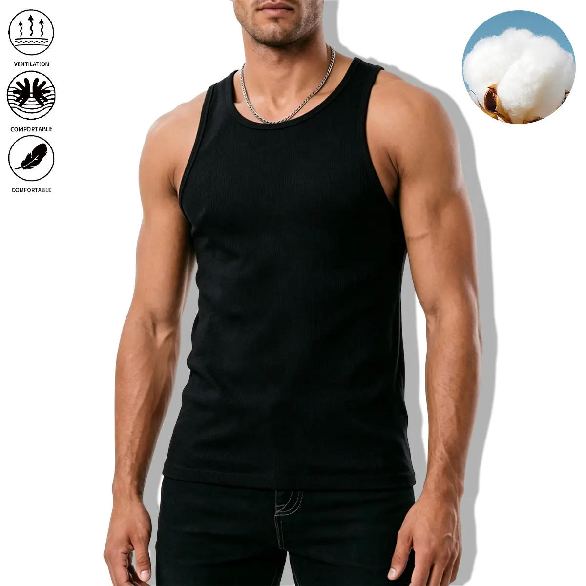 Men’s Close-Fit Fine-Ribbed Muscle Tank Tops - 92% Cotton 8% Spandex Stretchable Cotton Spandex Sleeveless Undershirts, Solid Plain Athletic Wear for Gym Workouts & Casual Summer Use