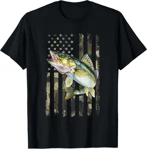 Men's Letter "Walleye Camo American Flag, fishing Walleye" Print Round Neck Tee, Regular Fit Casual Short Sleeve T-shirt For Summer, Men's Top For Daily Outdoor