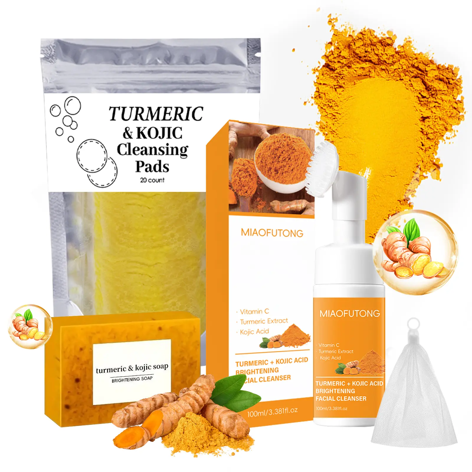 Turmeric Wash and Care Three Piece Set, Facial Wash, Cleansing Mousse & Cleansing Soap, Exfoliating Turmeric Cleansing Pads, Deep Cleaning Hydrating Skincare Kit for All Skin Types, Face & Body Daily Use