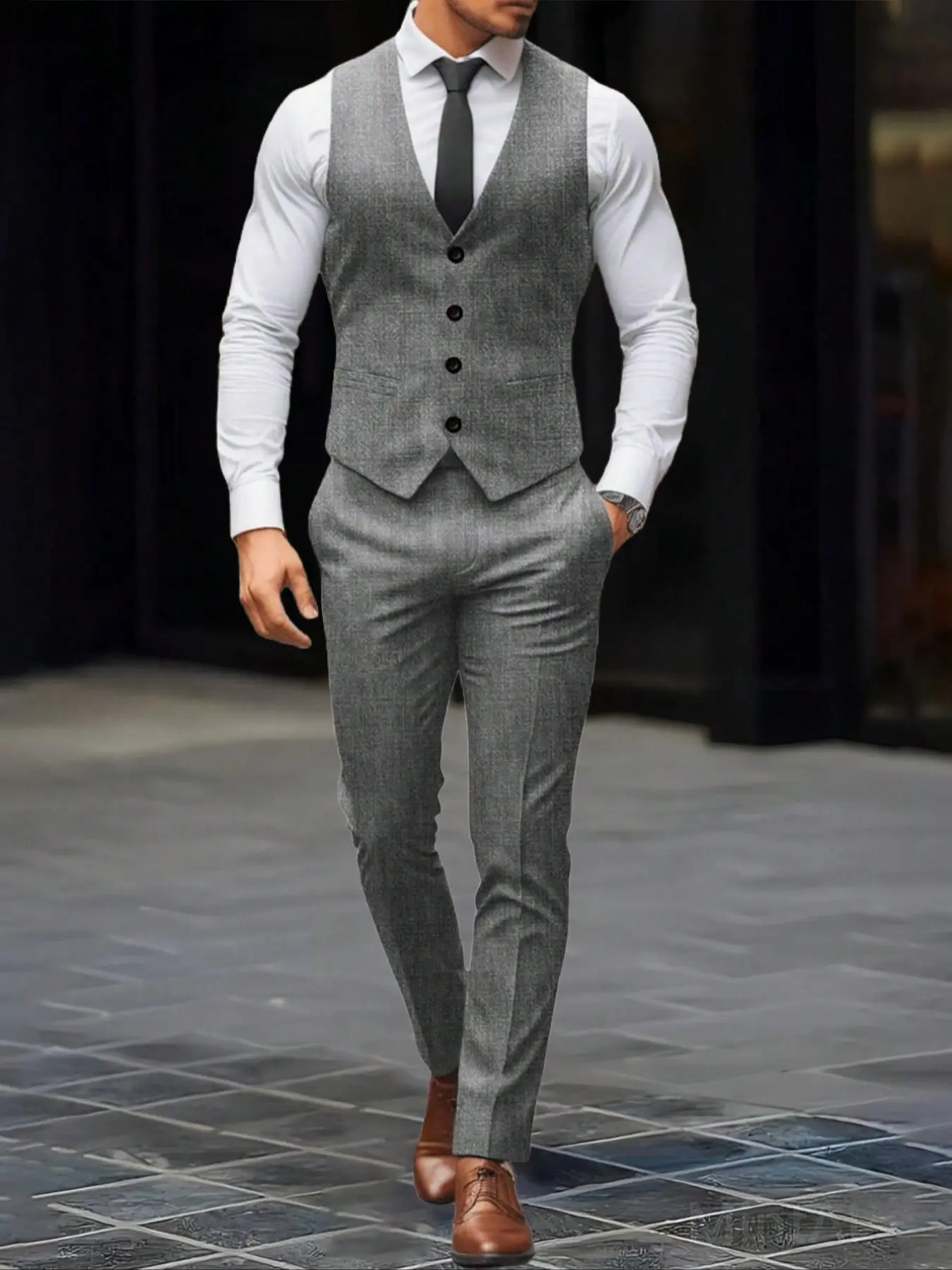 Men's Solid Color Suspender Pants Suit Set, Slim Business Formal Suit Set for Work Office, Men's Clothing for All Seasons, Menswear