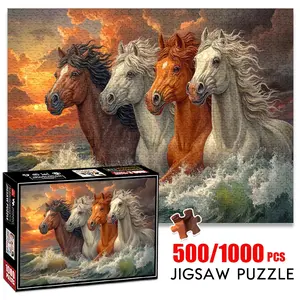 1pc 1000 piece adult puzzle 70x50cm Four Horses Running Through Waves at Sunset 500 pieces of paper jigsaw puzzle, suitable for adults and families, large-scale DIY puzzle interactive toy games, b