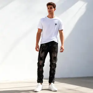 Men'S Casual Versatile Street Fashion Style Splashed Ink Star Hole Printed Jeans- 3657 Denim Streetwear Classic Stretch Stylish Tapered Shoe Trouser Menswear baggy jeans for men skinny jeans jeans pants for men