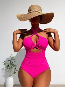 Halter Push Up Pink One Piece Swimsuit, High Waist Tummy Control Monokini Bathing Suit, Solid Slim Swimwear For Women Beach Vacation