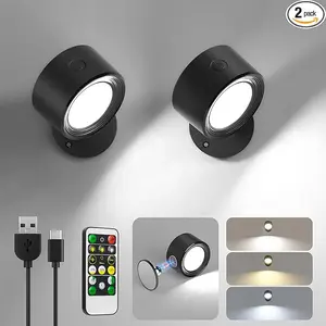 LED Wall Mounted Lights 2 Pcs with Remote, Wall Sconces Lamp 3000mAh Rechargeable Battery Operated, 3 Color Temperatures & Dimmable Magnetic 360° Rotation Cordless Light for Bedroom Bedside