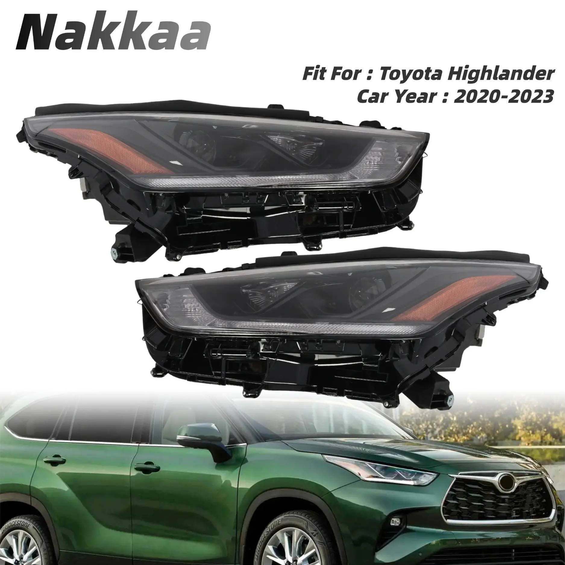 Nakkaa LED DRL Projector Headlight Assembly Pair For 2020-2023 Toyota Highlander & Highlander Hybrid, Black Clear Lens, Left & Right