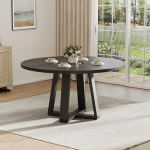 47 Inch Round Dining Table for 4-6 People with Sturdy Cross-Shaped Base and Adjustable Foot Pads, Available in Black or Walnut Brown, Perfect for Kitchen or Dining Room, Farmhouse Style, Table Only