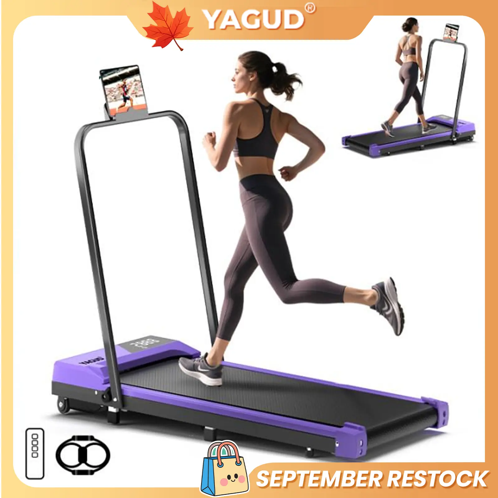 YAGUD Handrail Walking Treadmill – Quiet Home Running Machine with Dual Shock Absorption, 265lbs Weight Capacity Wide Belt & Compact Design for Easy M