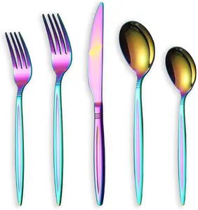 Rainbow Flatware Set 20 Pieces, Stainless Steel Colorful Silverware Set, Titanium Plating Rainbow Cutlery Set, Rainbow Utensil Sets Service Set for 4 (Shiny Rainbow)