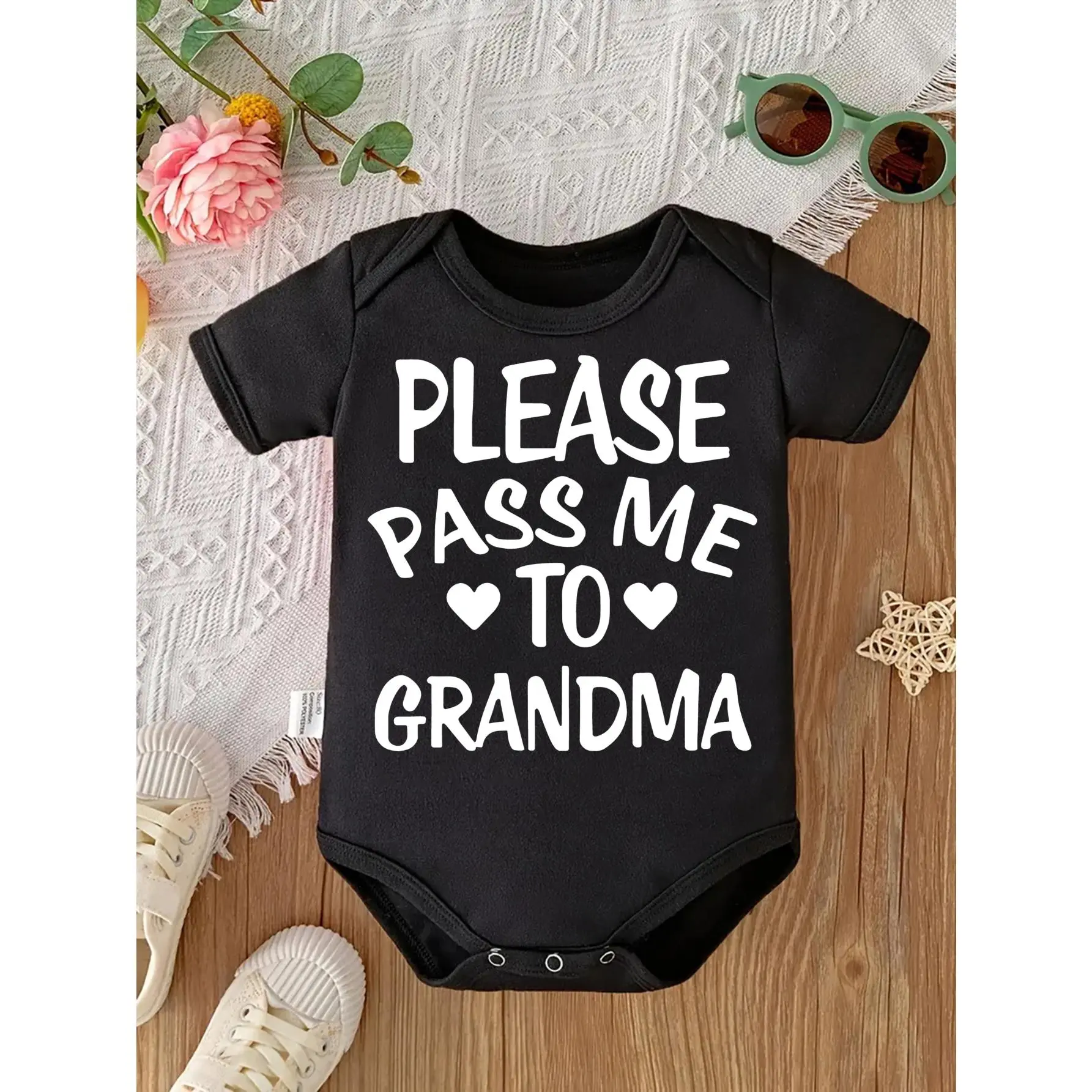 Unisex Soft Cotton Knit Infant Bodysuit - Cute 'Please Pass Me to Grandma' Print, Short Sleeve, Expandable Shoulders, Snap Closure, Tag-Free Elastane, Adjustable for 0-3m/6-9m Infant Outfit, Cotton Bodysuits