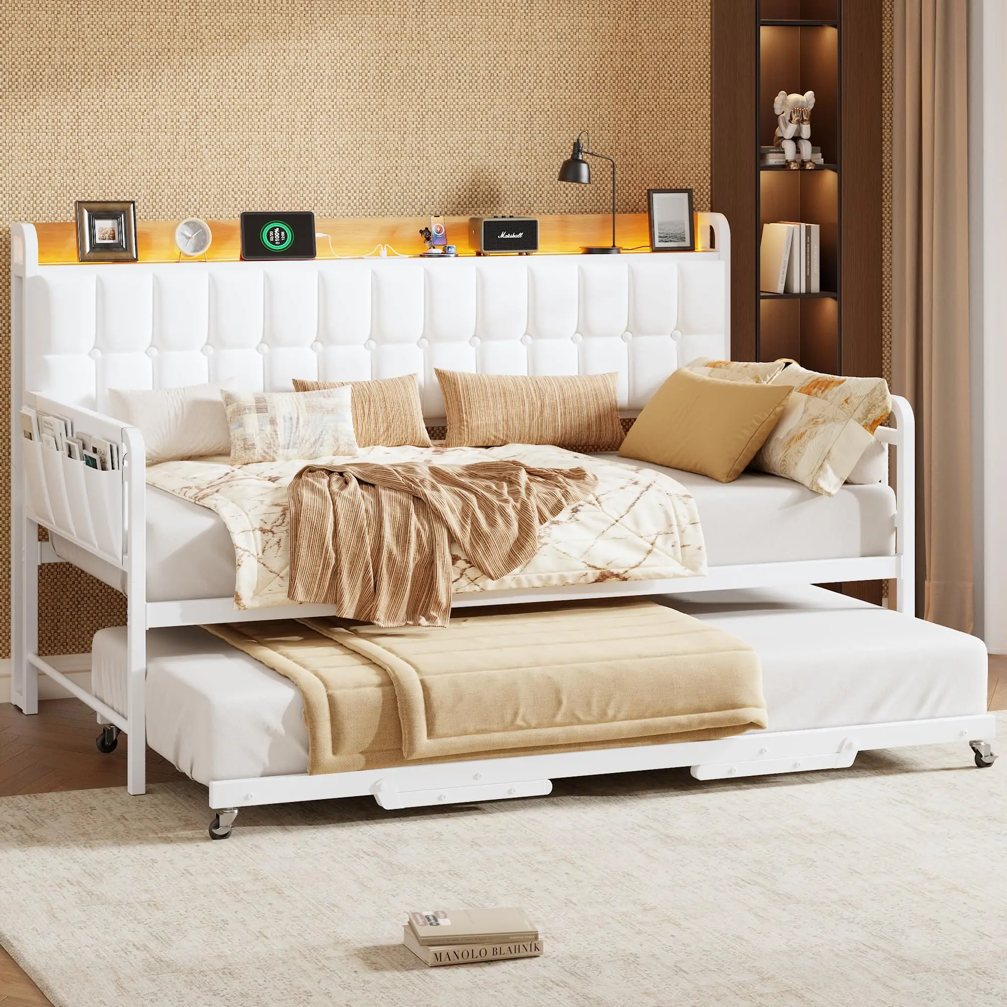 Twin Daybed with Trundle, Upholstered Daybed Frame with Charging Station & LED Light, 2-in-1 Sofa Bed Frame with Storage Headboard, Side Pockets, Steel Slats Support and Casters for Store, White