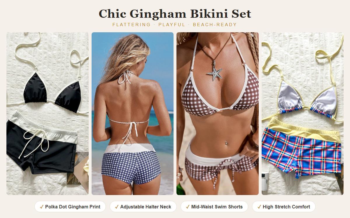 Bikini Set Brown Gingham High Waist Shorts Tropical Beach Vacation