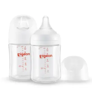 Pigeon Glass Nursing Baby Bottle (Pack of 2) Wide Neck, Anti-Colic, Streamlined Body, Natural Feel, Easy to Clean, (0m+) baby registry essential Heat-Resistant, 5.4 Oz, Includes 2pcs SS Nipples