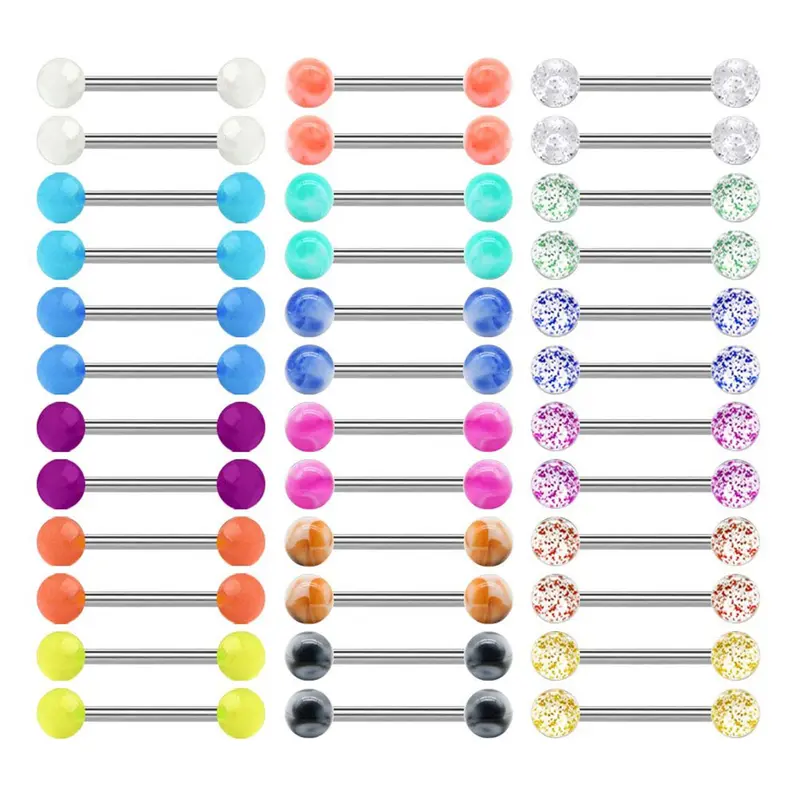 36pcs/set 14/16/18mm Rod Length Stainless Steel Tongue Studs Tongue Ring, Vertical Labret Jewelry, Mouth Jewelry, Body Matching Piercing Jewelry for Parties, Daily Clothing Decor for Men & Women