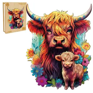 Highland Cattle Family-2(L, 240pcs, 10.7"x13.3") Puzzle Beautiful Wooden Box, Wooden Jigsaw Puzzles Unique Shape, Birthday Creative Gifts for Adults and Kids Family Game