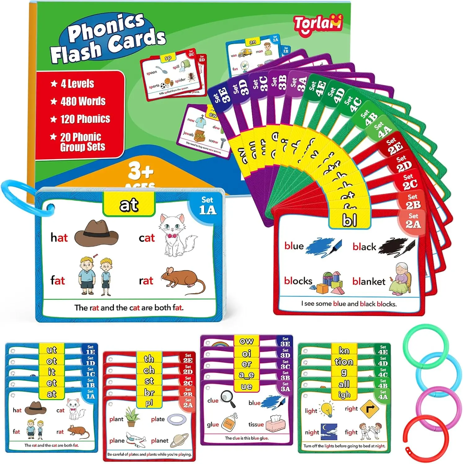 Torlam Phonics Flash Cards Learn to Read Spelling Reading Sight Words Games Include Digraphs CVC Blends Long Vowel Sounds 4 Levels Colorful Flashcards