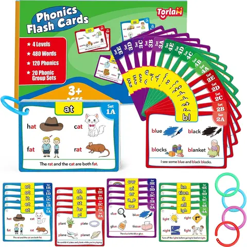 Torlam Educational Alphabet Flashcards for Ages 4+, 62 Sight Word Flash Cards with Interactive Color-Coding, 4 Levels of CVC, Digraphs, Blends, Long Vowel Sounds for Phonics Learning, Classroom Must-Haves, Avoids Rote Memorization