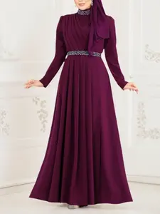 Elegant Women's Long Sleeve Dress, Modest Fashion Woven Fabric, All Season Loose Fit Waist Belted Design, Plain Style, Pleated Dresses