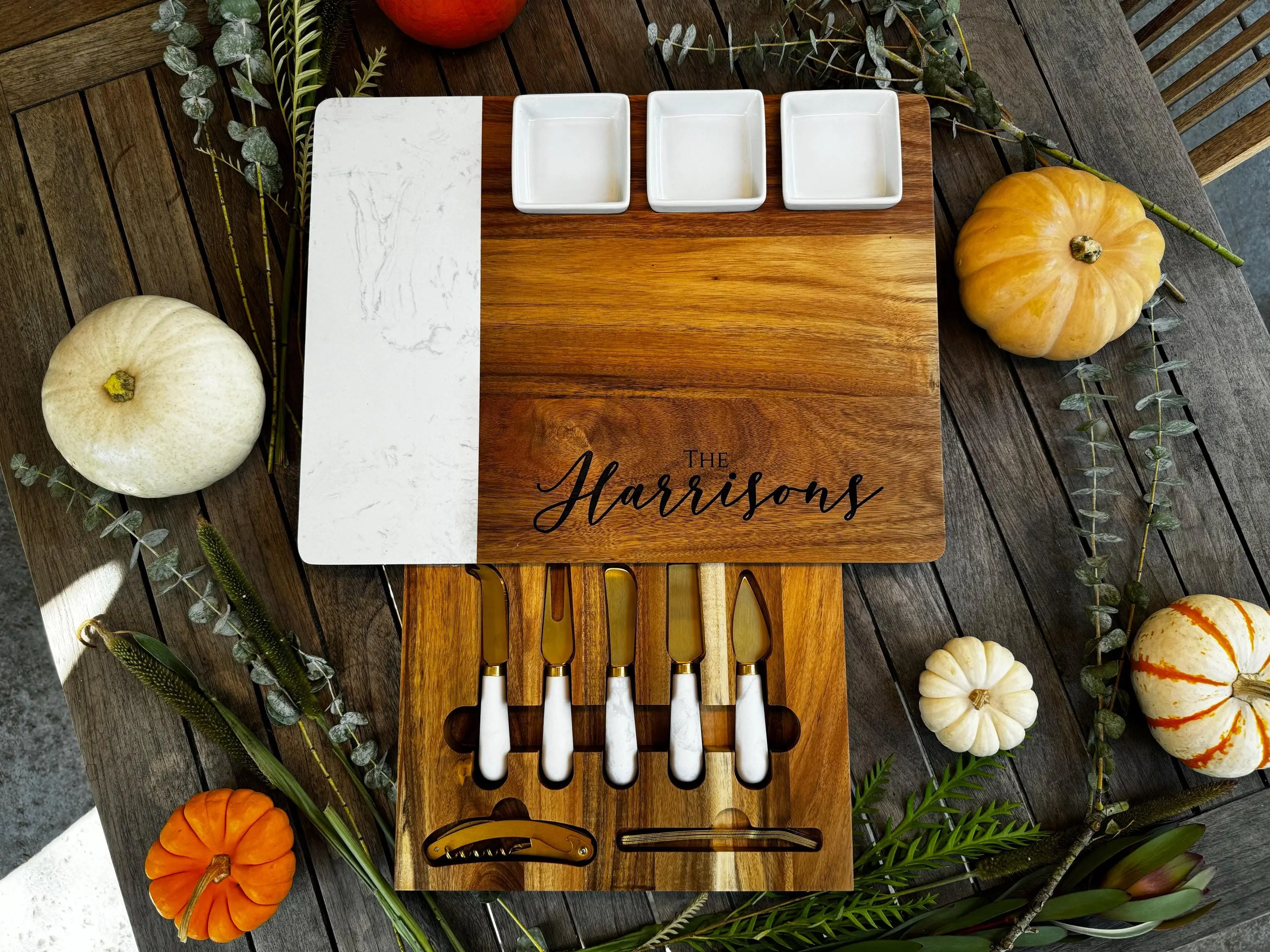Quartz & Acacia Modern Charcuterie Board Set 16 pcs Laser Engraved Cheese Board And Knife Set Realtor Closing gift Custom Christmas Wedding