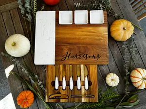 Quartz & Acacia Modern Charcuterie Board Set 16 pcs Laser Engraved Cheese Board And Knife Set Realtor Closing gift Custom Christmas Wedding