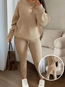 Women's solid color off shoulder sweater and drawstring waist pants two-piece set, autumn clothing, casual, fashionable and comfortable knitted set, suitable for daily outdoor wear, women's matching knitting for autumn and winter,