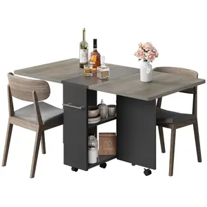 【GARVEE】Space Saving Folding Dining Table with 2-Tier Storage, Extendable Drop Leaf Design, Foldable Kitchen Table on 6 Wheels, Movable and Ideal for Small Spaces, Available in Grey, White, and Dark Walnut