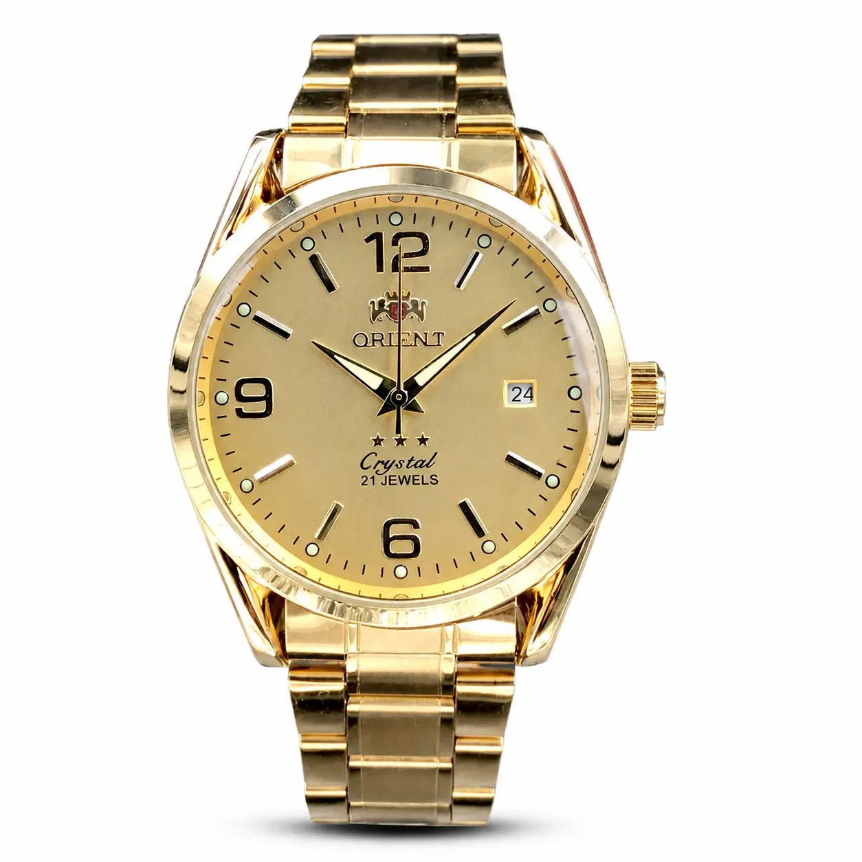 Gold Tone Men Automatic Mechanical Watch, Orient Crystal 21 Jewels, Big Arabic Numeral Dial, Luminous Markers, Date Window, Stainless Steel Gold Bracelet, Business Casual Wristwatch, Nice Birthday Gift for Gentlemen
