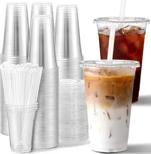 100-Pack 17-Ounce Clear Plastic Cups with Lids and Straws, Disposable Plastic Coffee Cups with Lids for Iced Coffee, Cold Beverages, Smoothies, and To-Go Drinks