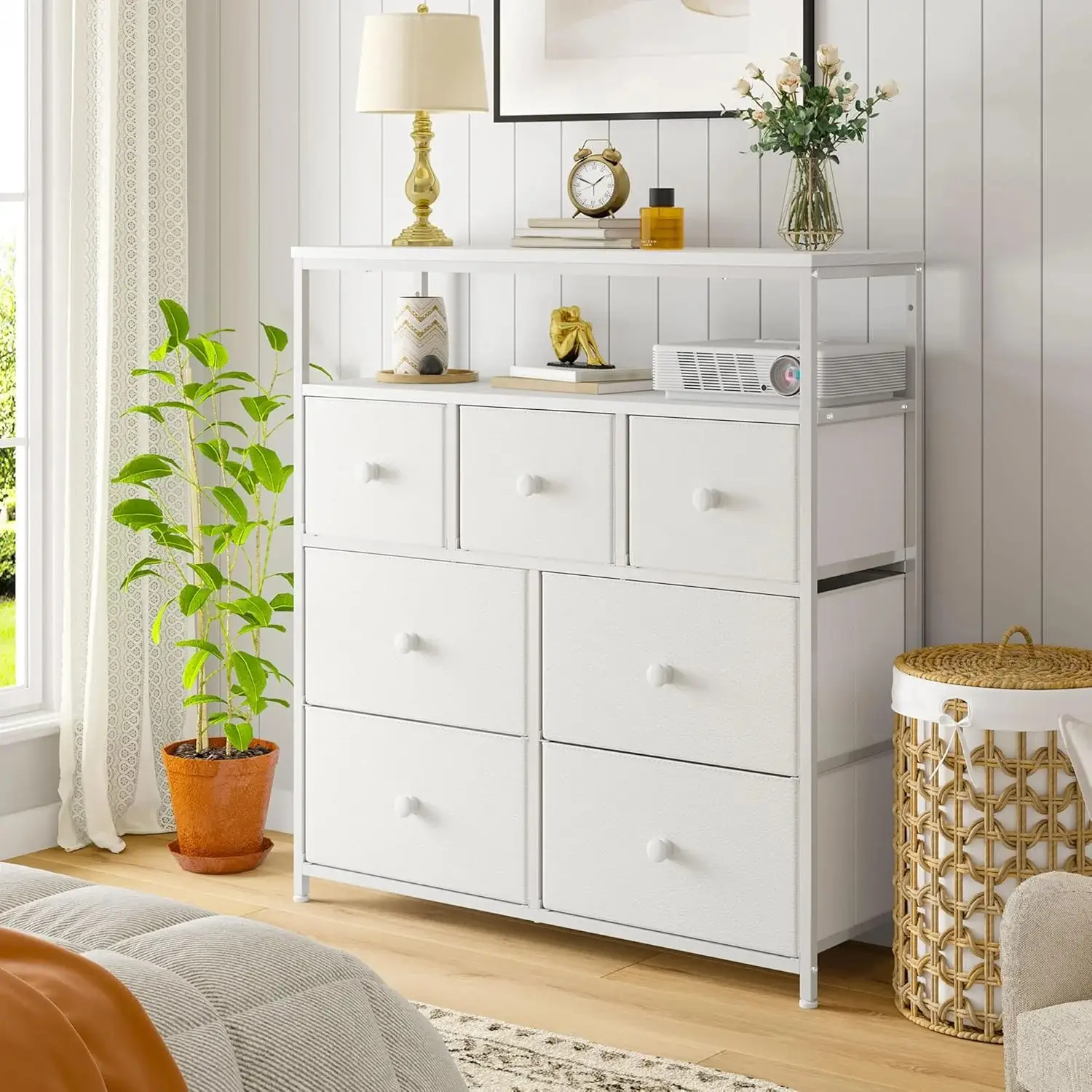 RaybeeFurniture Dresser for Bedroom with 7 Drawers and 2 Shelves, TV Stand Dresser with Wooden Top and Metal Frame, Tall Dressers & Chest of Drawers f