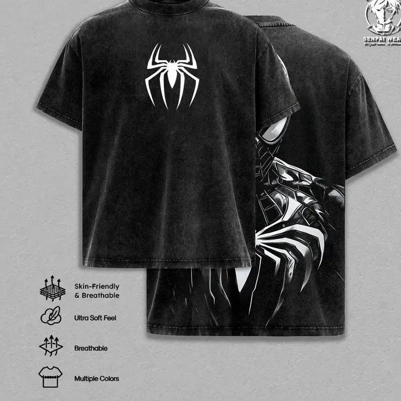 Retro Spidey Vintage Washed T-Shirt, Oversized Heavyweight Cotton Graphic Tee, Double Sided Comic Inspired Streetwear, Retro Y2K Super Hero Fashion, Premium Menswear Casual Shirt, Gift for Web Hero Fans 3R4