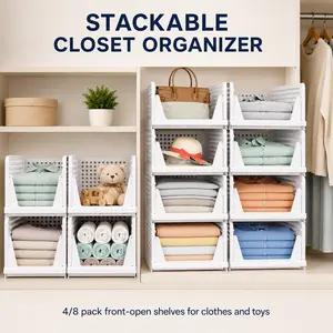 4/8 Pack Stackable Closet Organizer Shelves, Front Open Wardrobe Storage Baskets for Clothes, Sweaters, Toys, Towels and Bedroom Storage